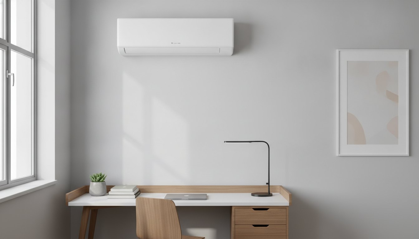 Ar-condicionado branco do tipo split instalado na parede de um quarto com mesa de estudos.